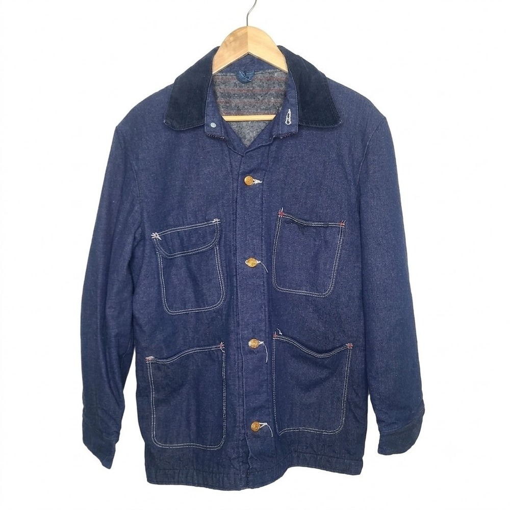 Vtg 70s Wrangler Blue Bell Sanfordized Denim Chore Jacket Blanket Lined Coat 38